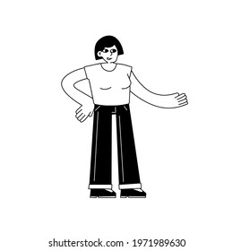 Woman gestures. Modern female character talking. Black and white outline cartoon illustration isolated on white