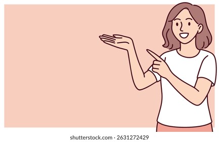 Vrouw gebaart naar de kant op pastel perzik achtergrond, glimlachend en zelfverzekerd. Ideaal voor banner lay-out met vrije ruimte voor kop, call-to-action of bericht. Cope-ruimte
