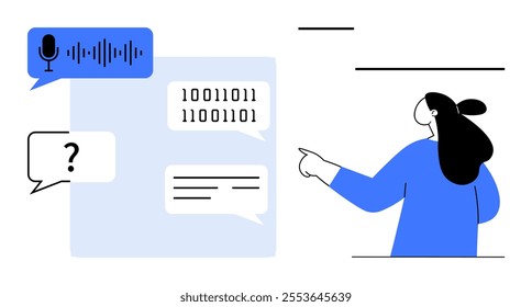 A woman gestures towards graphical speech bubbles showing sound waves, binary code, and text. Ideal for technology, AI communication, software development, data analysis, and digital communication
