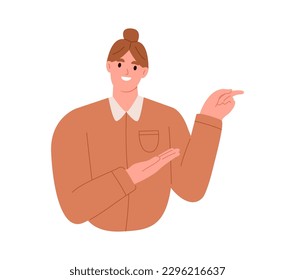 Woman gesturing with hand, presenting. Flat vector illustration isolated on white background
