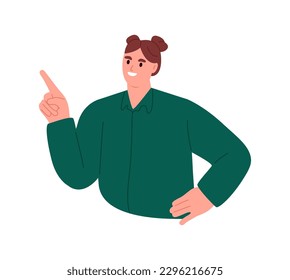 Woman gesturing with hand, presenting. Flat vector illustration isolated on white background
