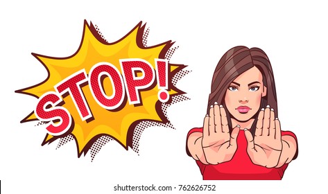 Woman Gesturing No Or Stop Sign Showing Raised Palms Vector Illustration