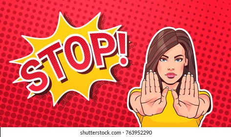 Woman Gesturing No Or Stop Sign Pop Art Style Banner Dot Background Vector Illustration