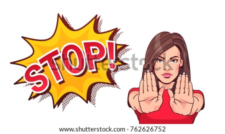 Woman Gesturing No Or Stop Sign Showing Raised Palms Vector Illustration