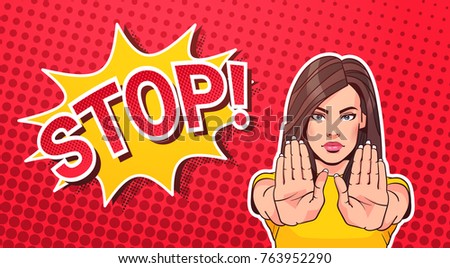 Woman Gesturing No Or Stop Sign Pop Art Style Banner Dot Background Vector Illustration