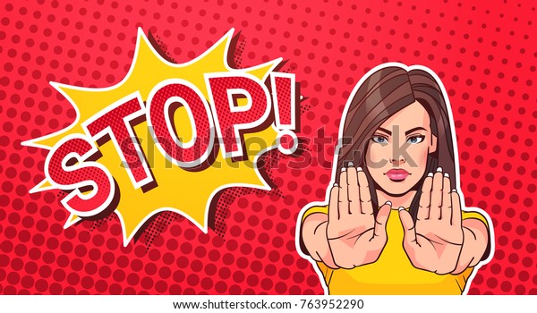 Woman Gesturing No Or Stop Sign Pop Art Style Banner Dot Background Vector Illustration