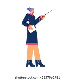 Woman gesturing with pointer at presentation or lecture, flat vector illustration isolated on white background. Professor or teacher at university. Business seminar or training.