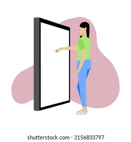 Woman gesturing to press a button on a simulated smartphone that is larger than the real thing. and the smartphone screen is an empty space for text or images