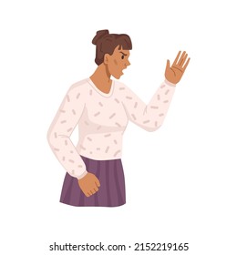 Woman gesturing and shouting, anger expression and negative emotions release. Vector flat cartoon character, isolated female arguing and quarreling, making point and discussing matter in fury