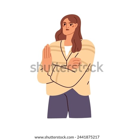 Woman gesturing stop with hand. Character saying no, refusing, declining, denying and rejecting. Refusal, disapproval and hate expression. Flat graphic vector illustration isolated on white background