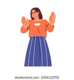 Woman gesturing stop with hand palms. Girl warning, showing negative attitude, saying no. Rejection, objection, refusal, ban expression. Flat vector illustration isolated on white background