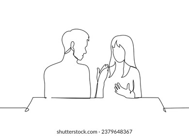woman gesturing telling man - one line art vector. concept conversation, telling a friend, couple communication