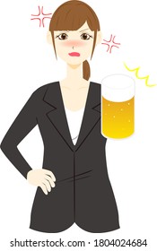 A woman get angry while drinking beer