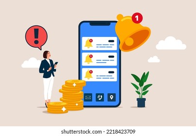 Woman get chat messages notification in smartphone app. Ring bell as reminder pop up. Flat Vector illustration.