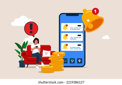 Woman get chat messages notification in smartphone app. Ring bell as reminder pop up. Flat Vector illustration.