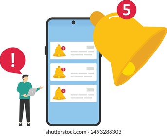 Woman get chat messages notification in smartphone app. Ring bell as reminder pop up. Flat Vector illustration.

