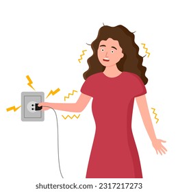 Woman get electric shock in flat design. Electric safety caution.