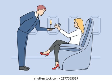 Woman get exceptional service in business class in plane. Rich female passenger get champagne on board in luxury first class airplane. Vector illustration. 