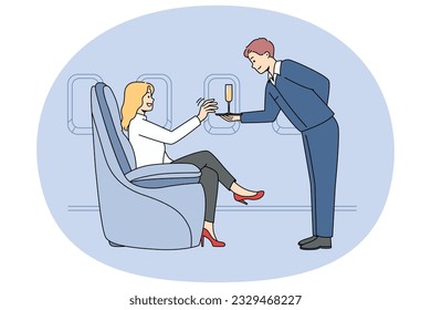 Woman get exceptional service in business class in plane. Rich female passenger get champagne on board in luxury first class airplane. Vector illustration.