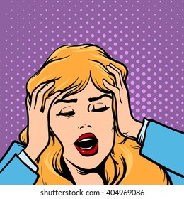 Woman Get Headache, Healthcare And Migraine, Cartoon Character, Pop Art, Retro Style, Vector Illustration