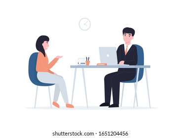Woman to get a job, girl at a job interview. Flat vector cartoon modern illustration in trendy style