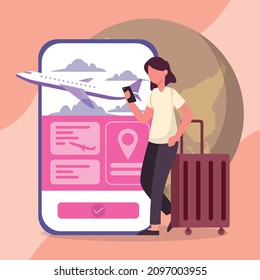 Woman get ready for buy a flight ticket by social media platform, she feeling so happy. Illustration. Holiday. Vacation. End year holiday. Healing. Traveling. Vector colorful illustration. Ilustrator.