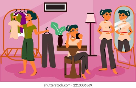 Woman Get Ready Concept Vector Illustration Flat Design. Make Up Routine. House Room Background.