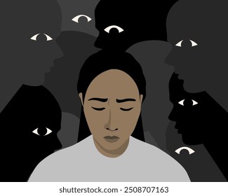 A woman get stress and sad emotion with stigma and silhouettes of scowling faces behind in mental health concept.