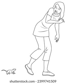 A woman get surprised by a mouse in outline and vector format.