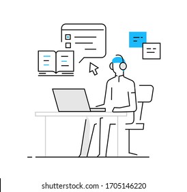woman gets computer education. books knowledge profession. line icon illustration line icon illustration