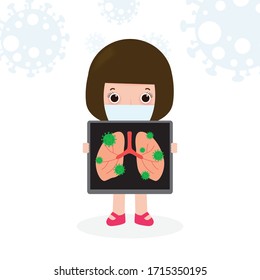 woman gets with the coronavirus or COVID‑19 girl holds x-ray of lungs. female quarantine Prevent infection spreading isolated on white background vector illustration