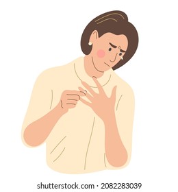 The woman gets divorced, cries and takes the ring off her finger. Flat vector illustration.