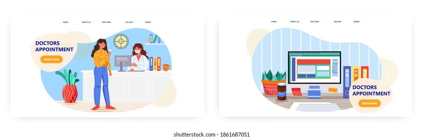 Woman gets a doctor appointment at the hospital reception. Concept vector illustration. Patient in the clinic talks to nurse in a mask. Desk with office computer