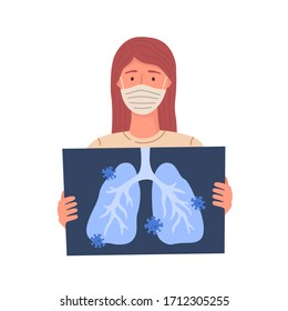 Woman gets coronavirus(COVID‑19). Woman holds x-ray of lungs. Vector illustration