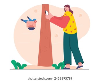 Woman gets letters sent by bird, mail from phone. Character design. Vector flat illustration