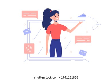 Woman gets mail vector illustration. Laptop with envelope flat style. New message notification. Correspondence and mailbox concept. Isolated on white background