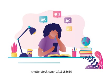 Woman gets negative messages on social networks. African american girl sits with mobile phone. Female character hated on Internet. Concept of cyberbullying and online abuse. Flat vector illustration