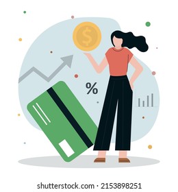 Woman gets percent refund on credit or debit card. Cashback service and online money return. Concept of transfer money, e-commerce and saving account. Cash back loyalty program. Vector illustration