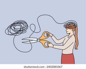 Woman gets rid of mental problems by cutting off tangled threads coming from head with large scissors. Girl struggles with mental disorder that causes psychological discomfort and melancholy