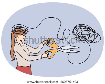 Woman gets rid of mental problems by cutting off tangled threads coming from head with large scissors. Girl struggles with mental disorder that causes psychological discomfort and melancholy