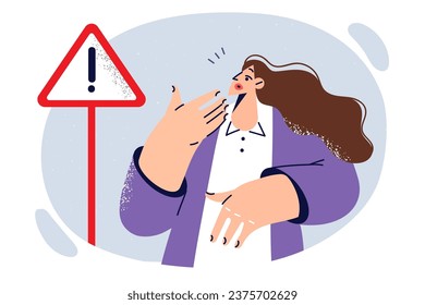 Woman gets scared seeing warning street sign symbolizing danger and warning against making mistake. Girl stands near triangular signboard reminding of risks and possible consequences.