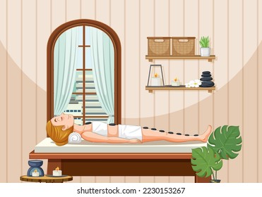 Woman gets stone massage in spa scene illustration