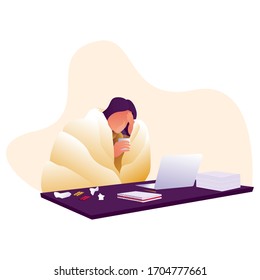 a woman gets work overtime when sick. sick woman wearing blanket and holding a cup. illustration woman have a cold work with laptop.
