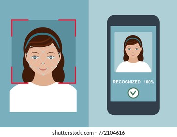 Woman getting access after face identification. Mobile app - face recognition system. Flat style, vector illustration. 