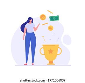 Woman getting award and bonus money. Happy business woman receiving reward and standing near winner cup. Concept of money bonus, reward program, cash back. Vector illustration in flat design.