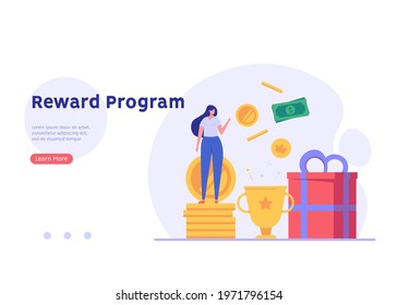 Woman getting award and bonus money. Happy business woman receiving reward and standing near gift box. Concept of money bonus, reward program, cash back. Vector illustration in flat design.