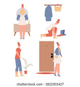 Woman Getting Dressed Or Undressed Scenes Set. Businesswoman Chooses Outfit For Work, Puts On Comfortable Home Clothes. Vector Character Illustration Of Everyday Routine, Entrance Hall Interior