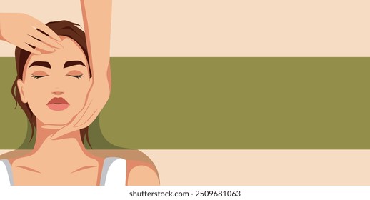 Mujer recibiendo masaje de cara y cuello. Tratamientos de belleza. Estiramiento facial. Plantilla de Vector con lugar de texto para publicidad, Sitio web, Anuncio, carteles, cubierta