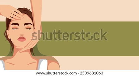 Woman getting face and neck massage. Beauty treatments. Facelift. Vector template with text place for advertising, website, banner, posters, cover