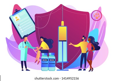 Woman getting flu shot. Contagious disease prevention. Vaccination of adults, adult immunization schedule, vaccine preventable diseases concept. Bright vibrant violet vector isolated illustration